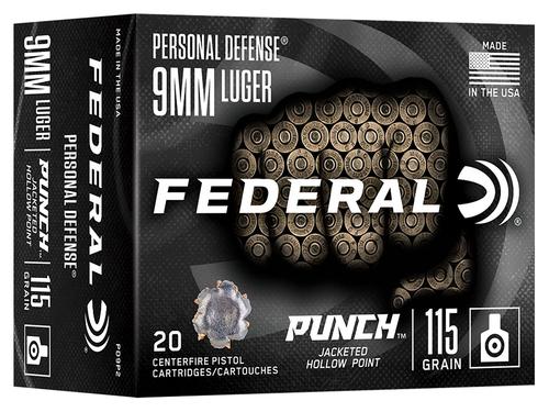 Federal Premium Punch Pistol Ammunition PD9P2, 9mm, JHP, 115 GR, 1180 fps, 20 Rd/bx