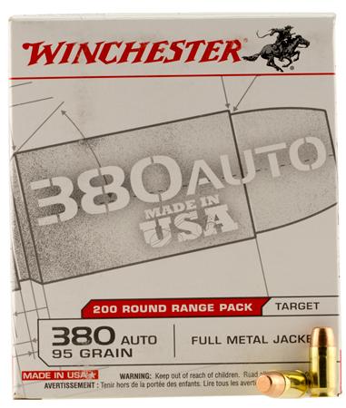 Winchester USA Pistol Ammunition, 380 ACP, Full Metal Jacket, 95 GR, 955 fps, 200 Rd/Bx