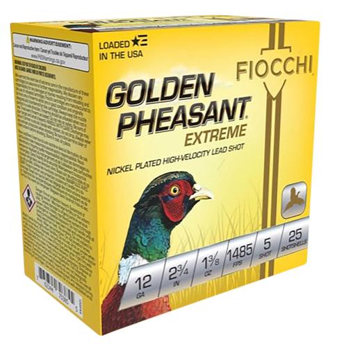 Fiocchi Golden Pheasant 12GPX5, 12 Gauge, 2-3/4", 1-3/8 oz, 1485 fps, #5 Nickel-Plated Lead Shot, 25 Rds/Bx