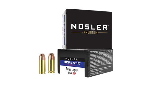 Nosler Defense Pistol Ammunition 38432, 9mm +P, Jacketed Hollow Point (JHP), 124 GR, 1300 fps, 20 Rd/Bx