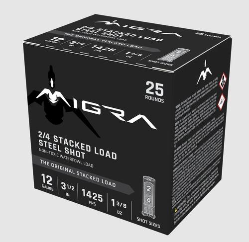 Migra Steel Waterfowl Shotshells, 12 Gauge, 3 1/2", 1 3/8oz, #2/4 Shot, 1425 fps, 25 Rds/Bx
