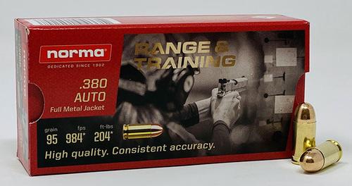 Norma Range & Training Pistol Ammunition 620140050, 380 ACP, FMJ, 95 Gr, 985 fps, 50 Rd/Bx