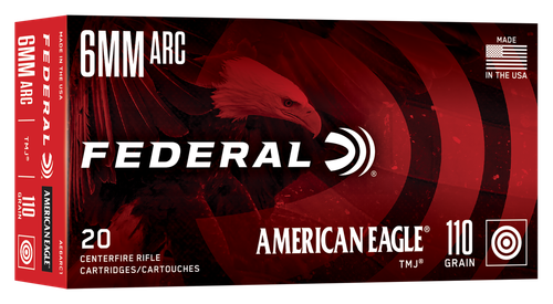 Federal American Eagle Rifle Ammunition, 6mm ARC, Total Metal Jacket, 110 GR, 20 Rd/bx