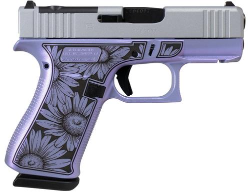 Glock G43X MOS Miss Daisy Pistol UX4350204FRMOSNDAISYPU, 9mm Luger, 3.41in, Purple Cerakote w/Black Daisy Laser Engraving, Purple Cerakote Finish, 10 Rds