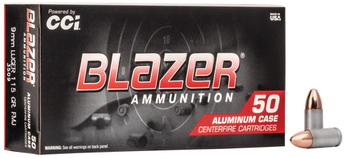 CCI Blazer Handgun Ammunition 3509, 9mm, Full Metal Jacket (FMJ), 115 GR, 1145 fps, 50 Rd/bx