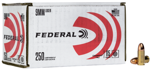 Federal Chamipon Pistol Ammunition C9115A250, 9mm Luger, Full Metal Jacket, 115 gr, 1125 fps, 250 Rd/Bx