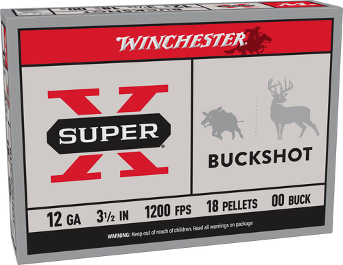 Winchester Super X Buckshot XB12L00, 12 Gauge, 3-1/2", 18 Pellets, 1200 fps, #00 Buffered Lead Buckshot, 5 Rd/bx