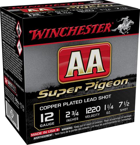 Winchester AA Super Pigeon Shotshells AA12SP7, 12 Gauge, 2-3/4", 1 1/4 oz, 1220 fps, #7.5 Lead Shot, 25 Rds/box