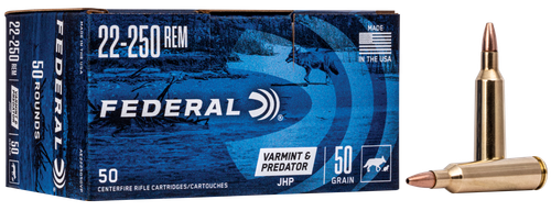 Federal American Eagle Varmint & Predator Rifle Ammunition AE22250VP, 22-250 Remington, JHP, 50 GR, 3850 fps, 50 Rd/Bx