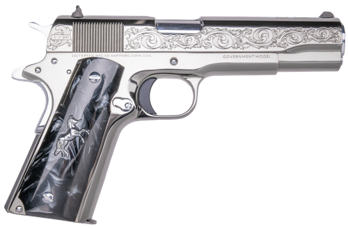 Custom & Collectible Colt 1911 "War Horse", 45 ACP, 5", Black Pear Grips, Black Chrome Plated Engraved Slide, 8 Rds
