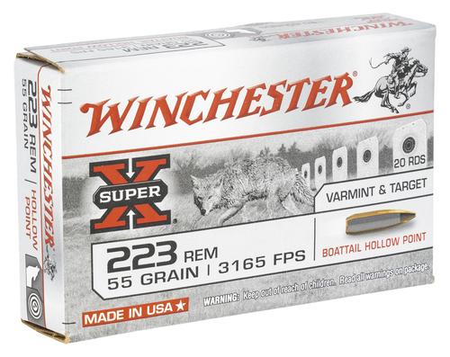 Winchester Super X Rifle Ammunition W223HP55, 223 Remington, Boat Tail Hollow Point, 55 gr, 3165 fps, 20 Rd/Bx