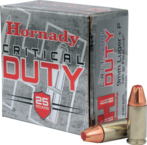 Hornady Critical Duty Pistol Ammunition 90226, 9mm +P, FlexLock, 135 GR, 1110 fps, 25 Rd/bx