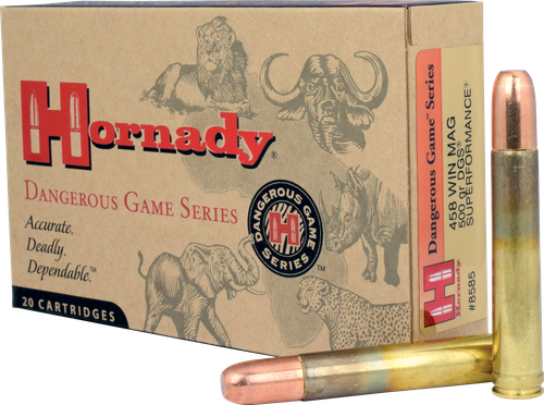Hornady Rifle Ammunition 8585, 458 Winchester Mag, Full Metal Jacket (FMJ), 500 GR, 2260 fps, 20 Rd/bx