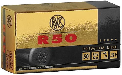 RWS R-50 Rimfire Ammunition 2134187, 22 Long Rifle, Lead Round Nose (RN), 40 GR, 50 Rd/bx