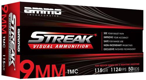 Ammo Inc Streak Visual (RED) Self Defense Pistol Ammunition 9115TMCSTRKRED50, 9mm Luger, Total Metal Case, 115  GR, 1124  fps, 50 Rd/bx