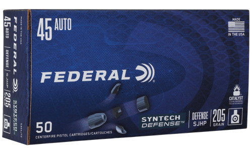 Federal Syntech Pistol Ammunition, 45 Automatic Colt Pistol ACP, Segmented JHP, 205 gr, 970 fps, 50 Rd/Bx