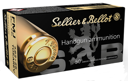 Sellier & Bellot Pistol Ammuntion SB762TOK, 7.62MM X 25MM Tokarev, Full Metal Jacket (FMJ), 85 GR, 1650 fps, 50 Rd/bx