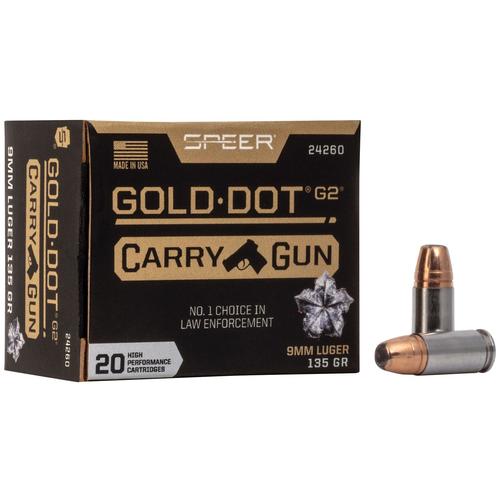 Speer Gold Dot G2 Carry Gun Handgun Ammunition 24260, 9MM, Gold Dot HP, 135 GR, 20 Rd/bx