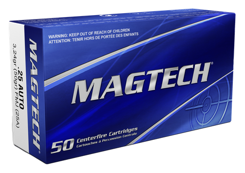 Magtech Sport Hunting Rifle Ammunition 25A, 25 ACP, Full Metal Case (FMJ), 50 GR, 760 fps, 50 Rd/bx