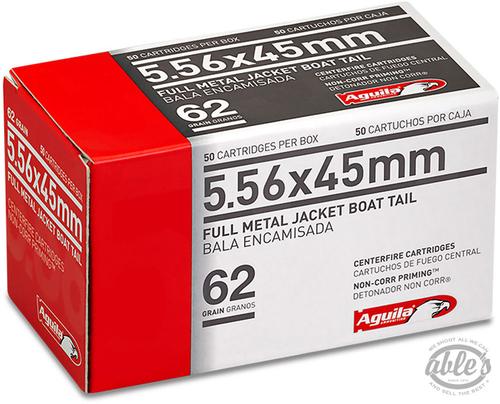 Aguila Rifle Ammunition 1E556110, 5.56MM NATO, 62 GR Full Metal Jacket Boat Tail, 3150 fps, 50 Rd/Bx