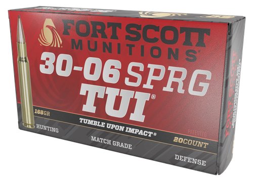 Fort Scott Munitions TUI Rifle Ammunition 3006168SCV, 30-06 Springfield, Solid Copper Spun, 168 gr, 2719 fps, 20 Rd/Bx