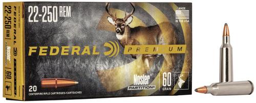 Federal Premium Vital-Shok Rifle Ammunition P22250G, 22-250 Remington, Nosler Partition, 60 GR, 3500 fps, 20 Rd/bx