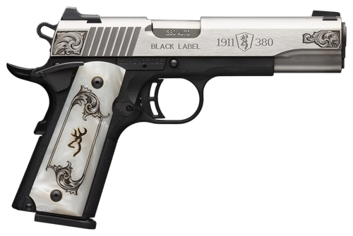 Browning Arms 1911 Black Label Medallion Pistol 051966492, 380 ACP, 4.25", White Pearl Grips, Engraved Stainless Finish, 10 Rds