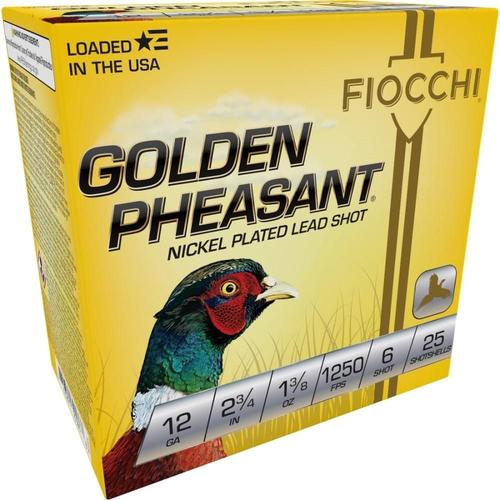 Fiocchi Golden Pheasant 12GP6, 12 Gauge, 2-3/4", 1-3/8 oz, 1250 fps, #6 Nickel-Plated Lead Shot, 25 Rds/Bx