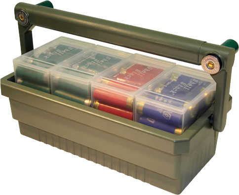 MTM Shotshell Box Caddy w/ 4 Clear Shell Boxes (SSC), Holds 100 12 Gauge 2-3/4" Shells, Folding Handle