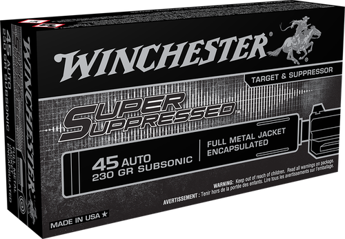 Winchester Super Suppressed Pistol Ammunition SUP45, 45 ACP, FMJ, 230 GR, 850 fps, 20 Rd/bx