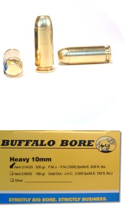 Buffalo Bore Handgun Ammunition 21A/20, 10mm, Full Metal Jacket (FMJ), 200 GR, 1200 fps, 20 Rd/Bx