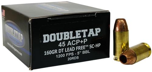 DoubleTap Pistol Ammunition 45A160XM, 45 Automatic Colt Pistol ACP, Lead Free Hollow Point, 160 gr, 1050 fps, 20 Rd/Bx