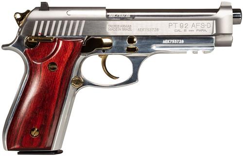 Taurus 92 Pistol 1-920159GLD-HW1, 9mm Luger, 5in, Rosewood Grips, Natural Anodized Finish, 17 Rds