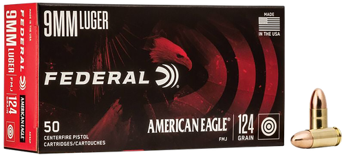 Federal American Eagle Pistol Ammunition AE9AP, 9mm, Full Metal Jacket (FMJ), 124 GR, 1150 fps, 50 Rd/bx