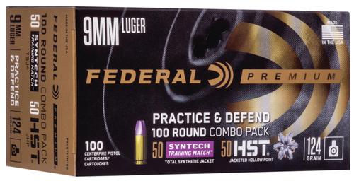 Federal Practice & Defend Pistol Ammunition P9HST1TM100, 9mm Luger, HST JHP/Syntech TSJ, 124 gr, 1150 fps, 100 Rd/Bx