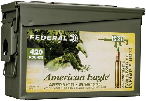 Federal American Eagle Rifle Ammunition XM855BK420AC1, 5.56mm NATO, Steel Core FMJ, 62 GR, 3020 fps, 420 Rd/can