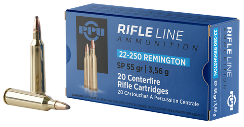 PPU Standard Big Game Rifle Ammunition PP22250, 22-250 Remington, Soft Point (SP), 55 GR, 3680 fps, 20 Rd/bx