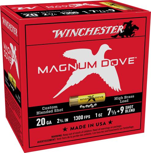 Winchester Magnum Dove Shotgun Shells, 20 Gauge, 2-3/4", 1 oz, 1300 fps, #7.5/9 Blended Shot, 25 Rds/Bx
