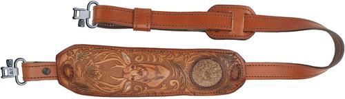 AA&E Leathercraft Leather Trophy  Embossed Deer Head and Deer Hair Inlay Gunsling w/Metal Swivels, Brown (8501043S210)