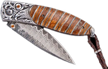 William Henry Monarch Silver Eagle Folding Knife, Wave Damascus Blade, Carved Sterling Silver and Fossil Mammoth Tooth Handle (B05SILVEREAGLE)