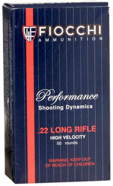 Fiocchi High Velocity Rimfire Ammo 22FHVCHP, 22 Long Rifle, Copper Plated Hollow Point (HP), 38 GR, 1260 fps, 50 Rd/bx