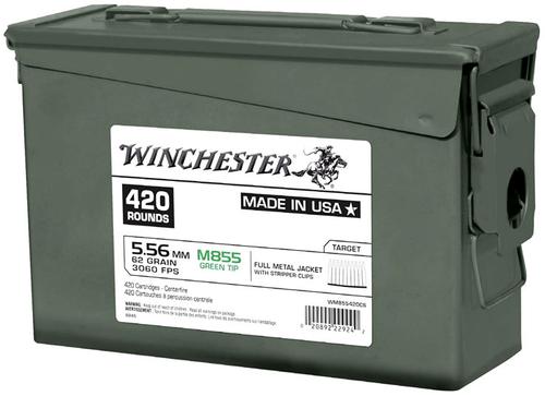 Winchester USA M855 Green Tip Ammunition WM855420CS, 5.56mm NATO, Full Metal Jacket, 62 gr, 420 Rd/Bx