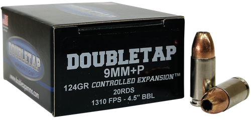 DoubleTap Controlled Expansion Pistol Ammunition 9MM124HP20, 9mm, Controlled Expansion JHP, 124 gr, 1310 fps, 20 Rd/Bx
