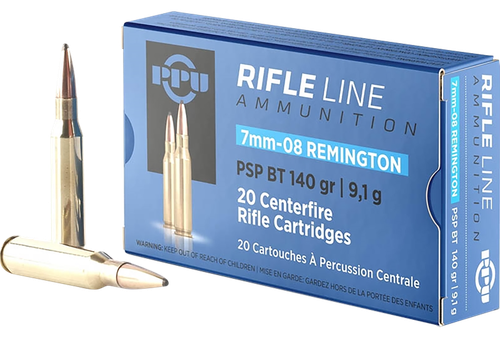 Prvi Partizan Rifle Ammunition PP708, 7mm-08 Rem, Pointed Soft Point Boat Tail, 140 gr, 2860 fps, 20 Rd/Bx