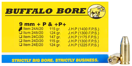 Buffalo Bore Handgun Ammunition 24A/20, 9mm Luger +P+, Jacketed Hollow Point (JHP), 115 GR, 1400 fps, 20 Rd/Bx