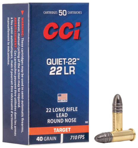 CCI Quiet SubSonic Rimfire Ammunition 960, 22 Long Rifle, Lead Round Nose (RN), 40 GR, 710 fps, 50 Rd/bx