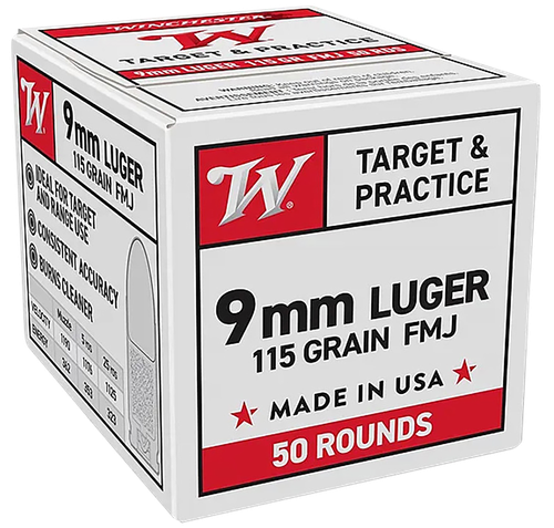 Winchester Training & Practice Pistol Ammunition W9MM50, 9mm Luger, Full Metal Jacket, 115 gr, 1190 fps, 50 Rd/Bx