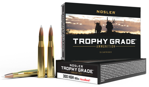 Nosler Trophy Grade Rifle Ammunition 60060, 300 Holland H&H Magnum, AccuBond, 180 GR, 2950 fps, 20 Rd/bx