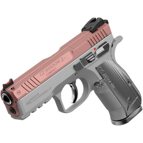 CZ Shadow 2 Compact Rose Pistol, 9mm, 4", Textured Aluminum Grips, Stainless Silver Frame, Optic Ready, Rose Gold Slide, 15 Rds
