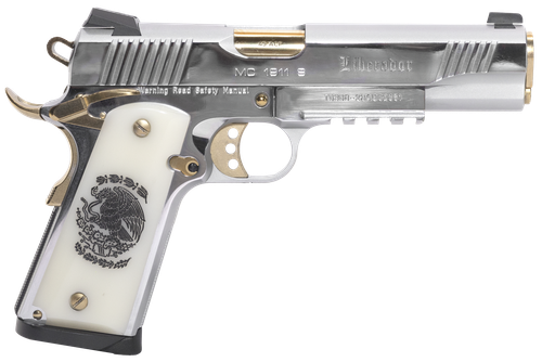 EAA Regard Liberador II Pistol 391053, 9mm Luger, 5in, Pearl Like w/Mexican Coat Of Arms, Stainless w/Gold Controls Finish, 9 Rds